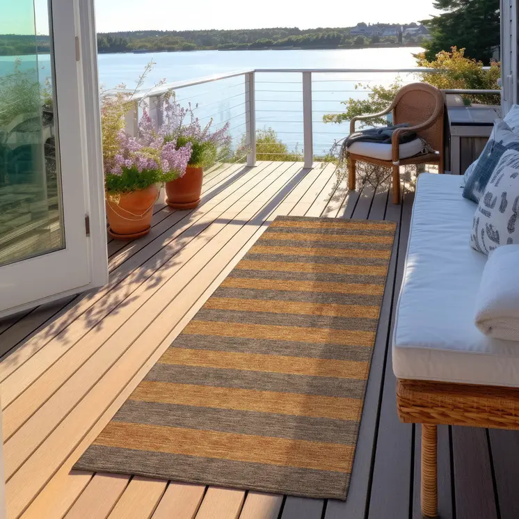 8' Runner Brown and Tan Striped Washable Non Skid Indoor Outdoor Runner Rug