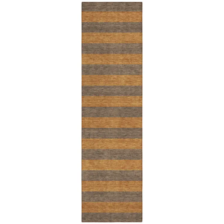 8' Runner Brown and Tan Striped Washable Non Skid Indoor Outdoor Runner Rug