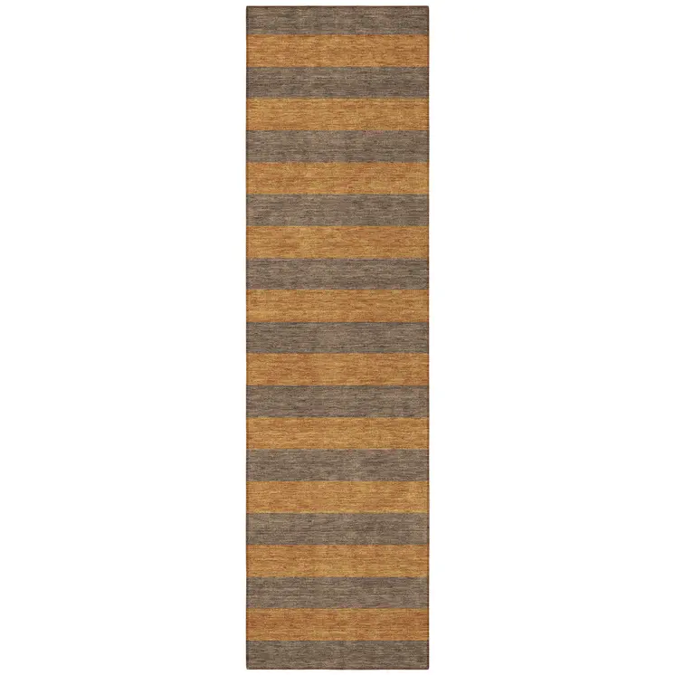 8' Runner Brown and Tan Striped Washable Non Skid Indoor Outdoor Runner Rug