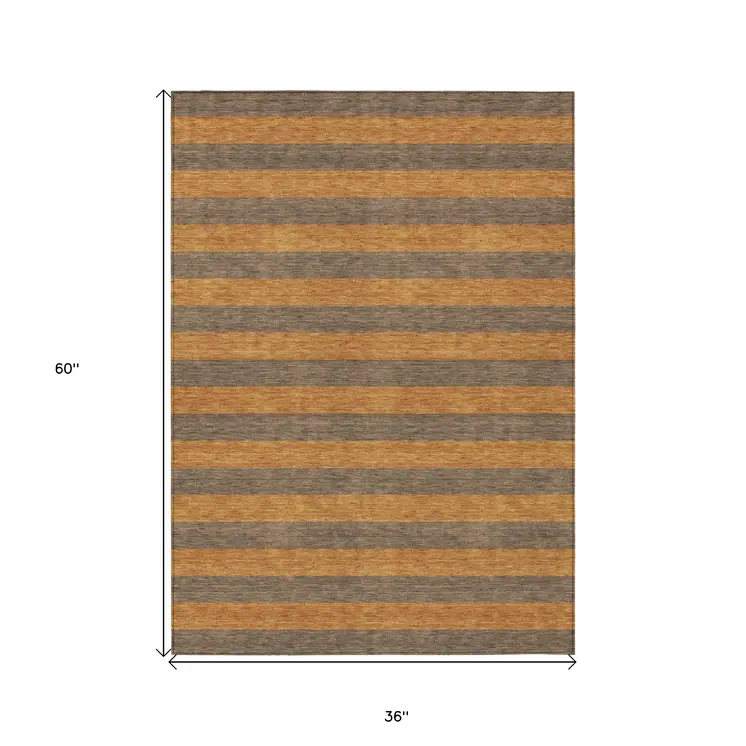 3' X 5' Brown and Tan Striped Washable Non Skid Indoor Outdoor Area Rug