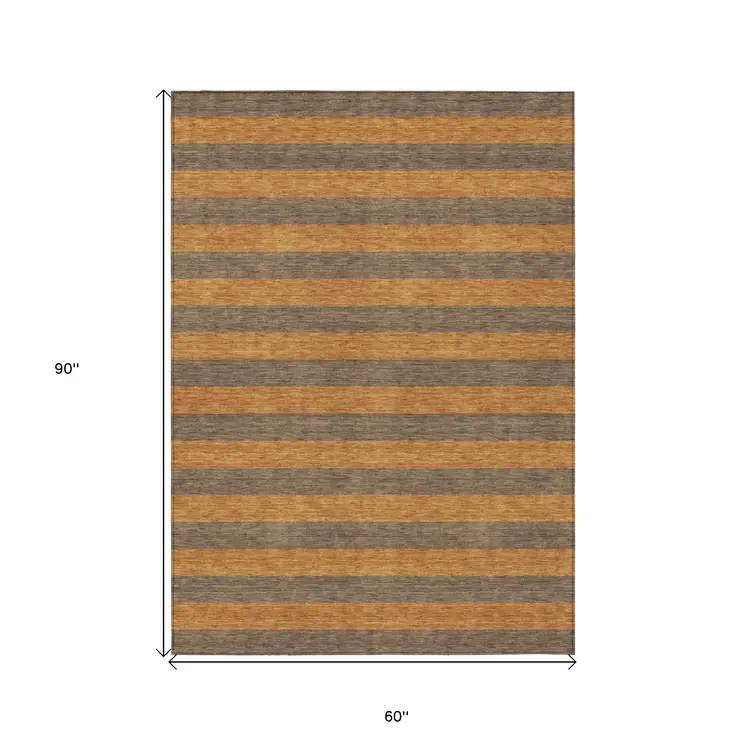 5' X 8' Brown and Tan Striped Washable Non Skid Indoor Outdoor Area Rug