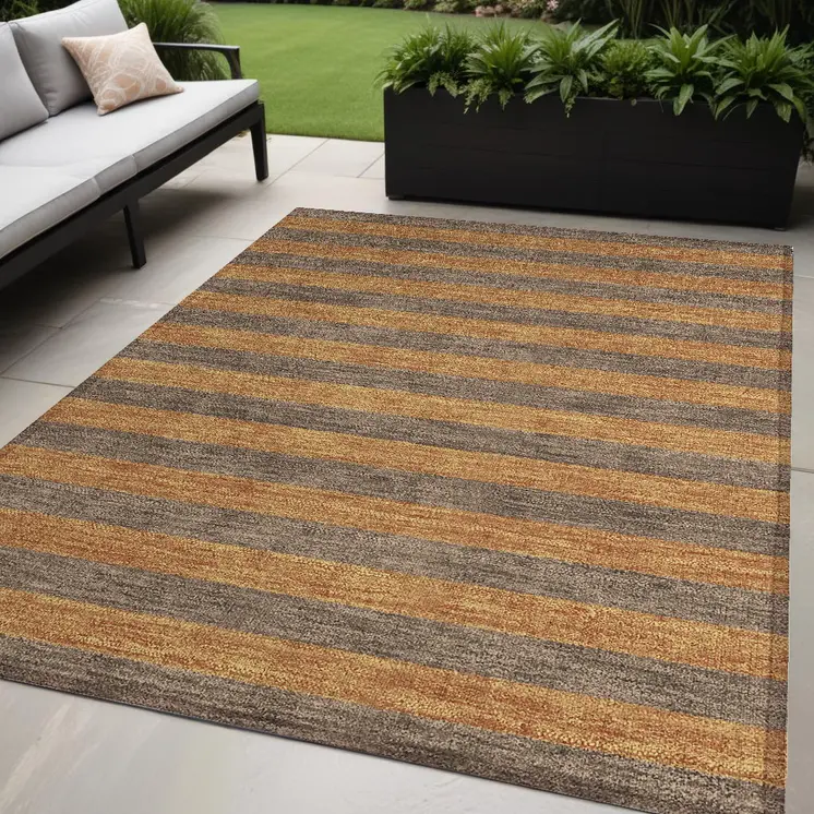 5' X 8' Brown and Tan Striped Washable Non Skid Indoor Outdoor Area Rug