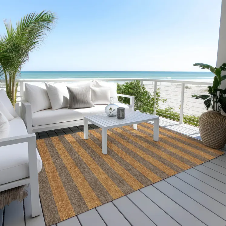 5' X 8' Brown and Tan Striped Washable Non Skid Indoor Outdoor Area Rug