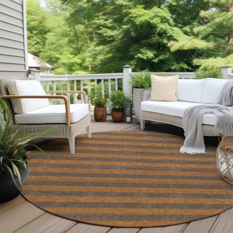 8' Round Brown and Tan Round Striped Washable Non Skid Indoor Outdoor Area Rug