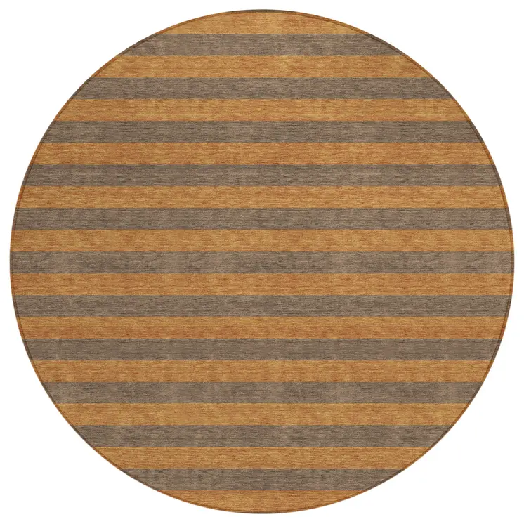 8' Round Brown and Tan Round Striped Washable Non Skid Indoor Outdoor Area Rug
