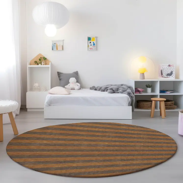 8' Round Brown and Tan Round Striped Washable Non Skid Indoor Outdoor Area Rug
