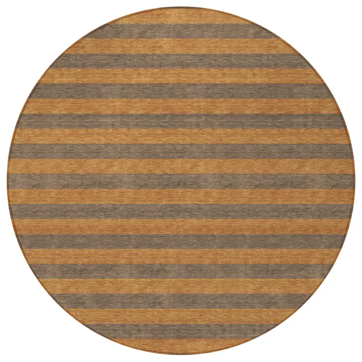 8' Round Brown and Tan Round Striped Washable Non Skid Indoor Outdoor Area Rug