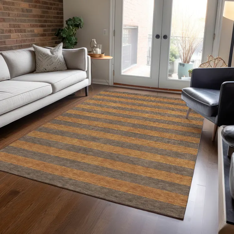 9' X 12' Brown and Tan Striped Washable Non Skid Indoor Outdoor Area Rug