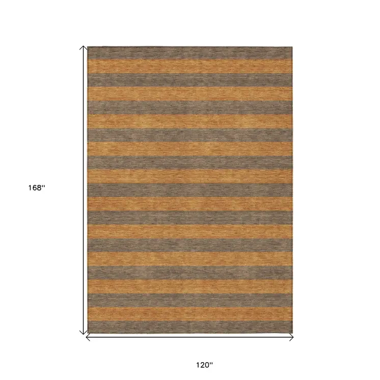 10' X 14' Brown and Tan Striped Washable Non Skid Indoor Outdoor Area Rug