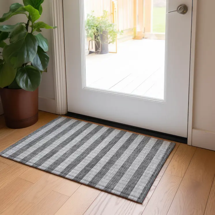 2' X 3' Gray and White Striped Washable Non Skid Indoor Outdoor Area Rug