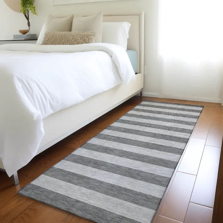 8' Runner Gray and White Striped Washable Non Skid Indoor Outdoor Runner Rug