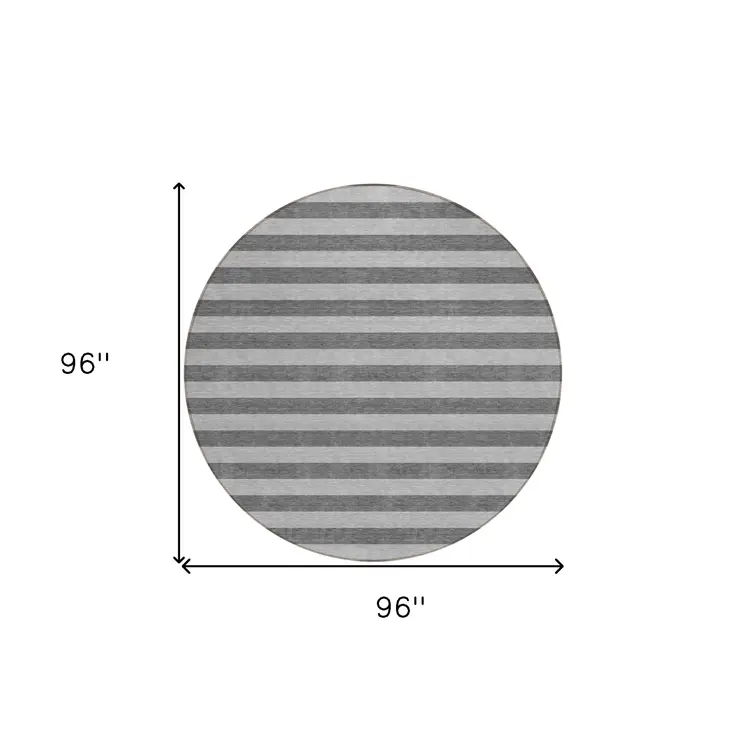 8' Round Gray and White Round Striped Washable Non Skid Indoor Outdoor Area Rug