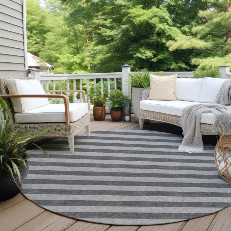 8' Round Gray and White Round Striped Washable Non Skid Indoor Outdoor Area Rug