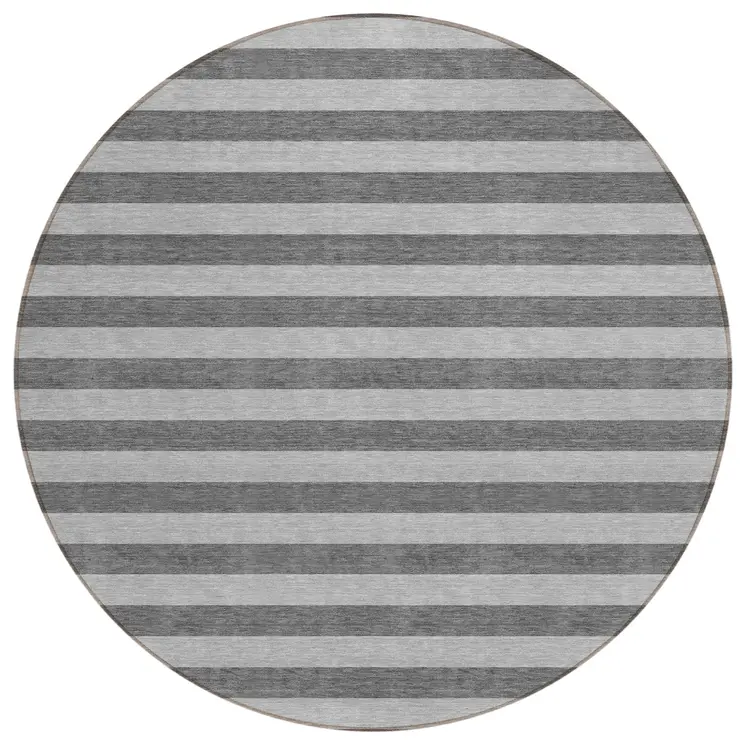 8' Round Gray and White Round Striped Washable Non Skid Indoor Outdoor Area Rug