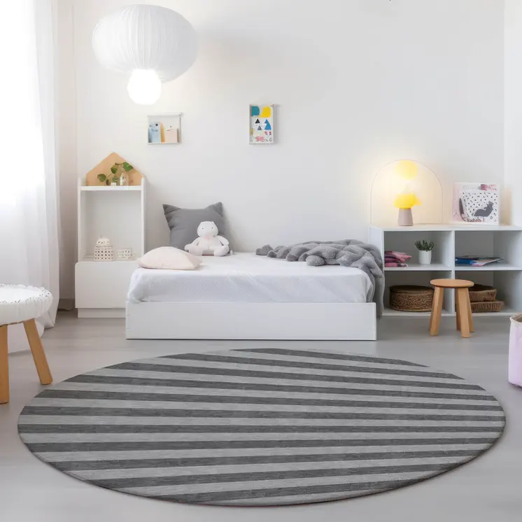 8' Round Gray and White Round Striped Washable Non Skid Indoor Outdoor Area Rug