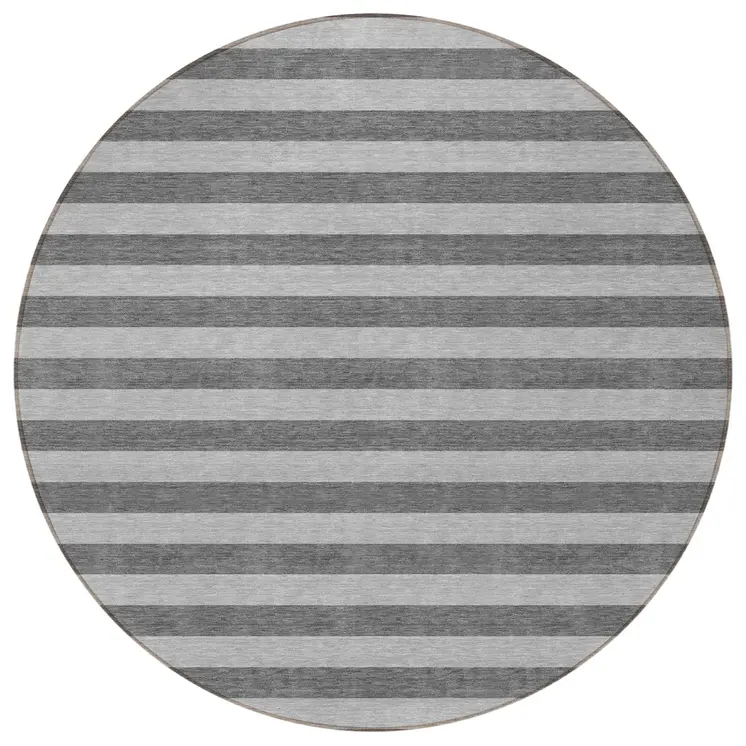 8' Round Gray and White Round Striped Washable Non Skid Indoor Outdoor Area Rug