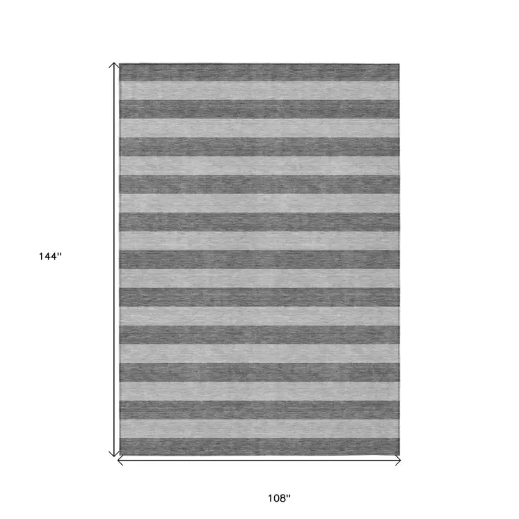 9' X 12' Gray and White Striped Washable Non Skid Indoor Outdoor Area Rug