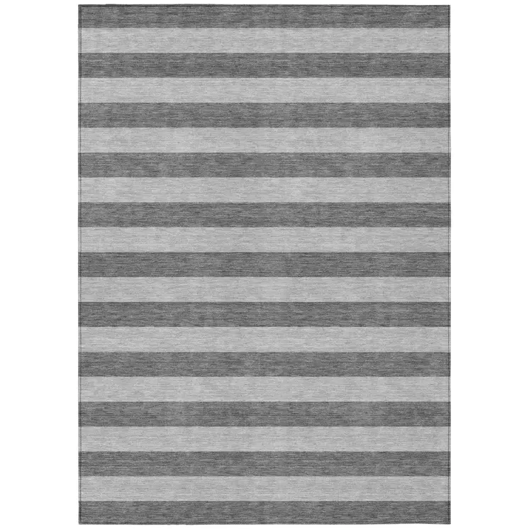 9' X 12' Gray and White Striped Washable Non Skid Indoor Outdoor Area Rug