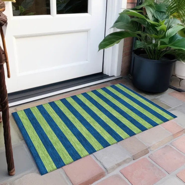2' X 3' Navy Blue Striped Washable Non Skid Indoor Outdoor Area Rug
