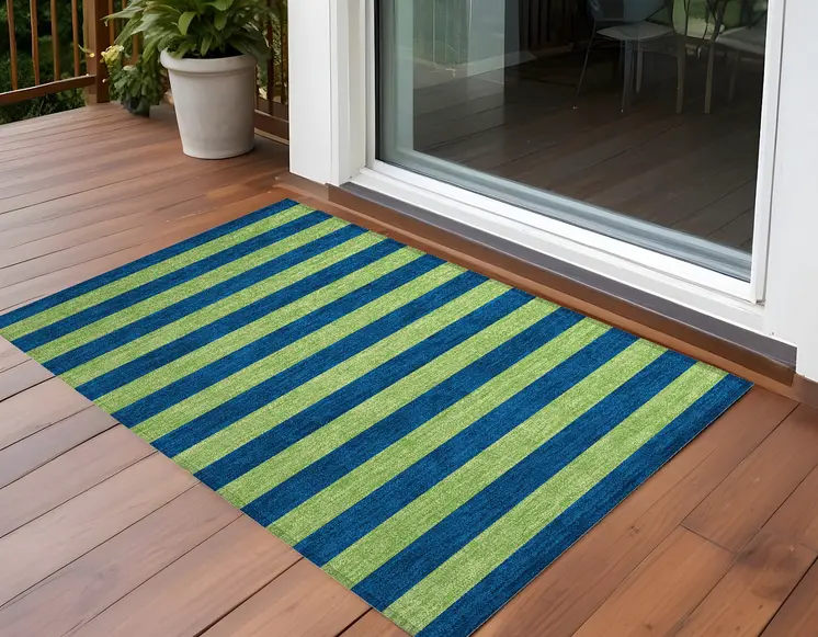2' X 3' Navy Blue Striped Washable Non Skid Indoor Outdoor Area Rug