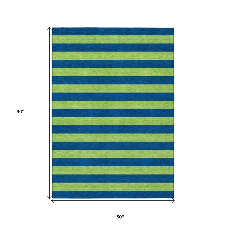 5' X 8' Navy Blue Striped Washable Non Skid Indoor Outdoor Area Rug