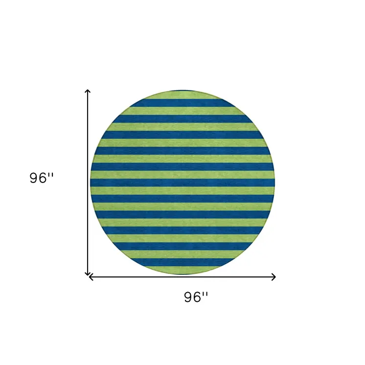 8' Round Navy Blue Round Striped Washable Non Skid Indoor Outdoor Area Rug