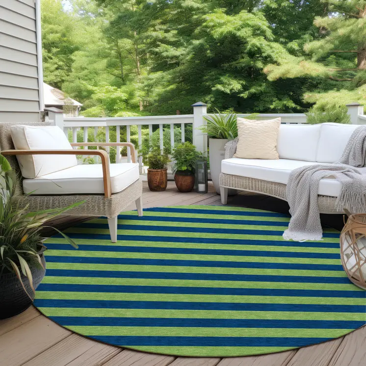 8' Round Navy Blue Round Striped Washable Non Skid Indoor Outdoor Area Rug