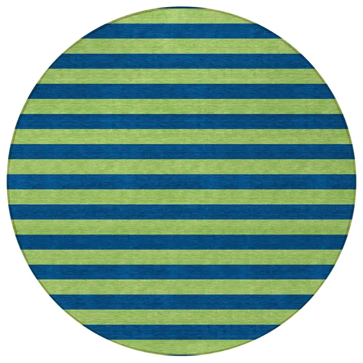 8' Round Navy Blue Round Striped Washable Non Skid Indoor Outdoor Area Rug