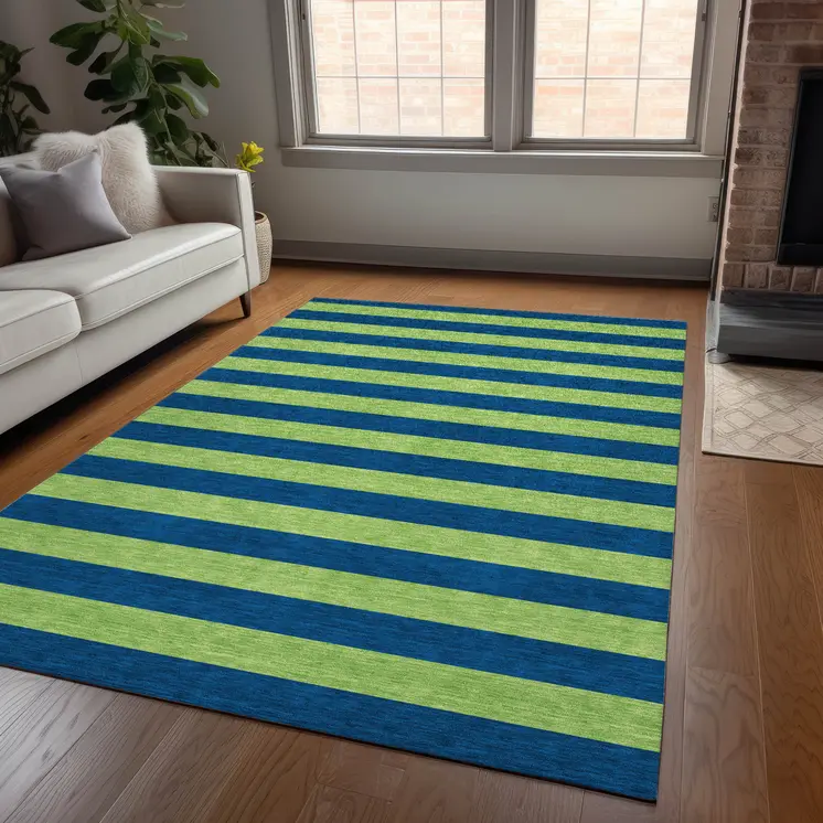 8' X 10' Navy Blue Striped Washable Non Skid Indoor Outdoor Area Rug