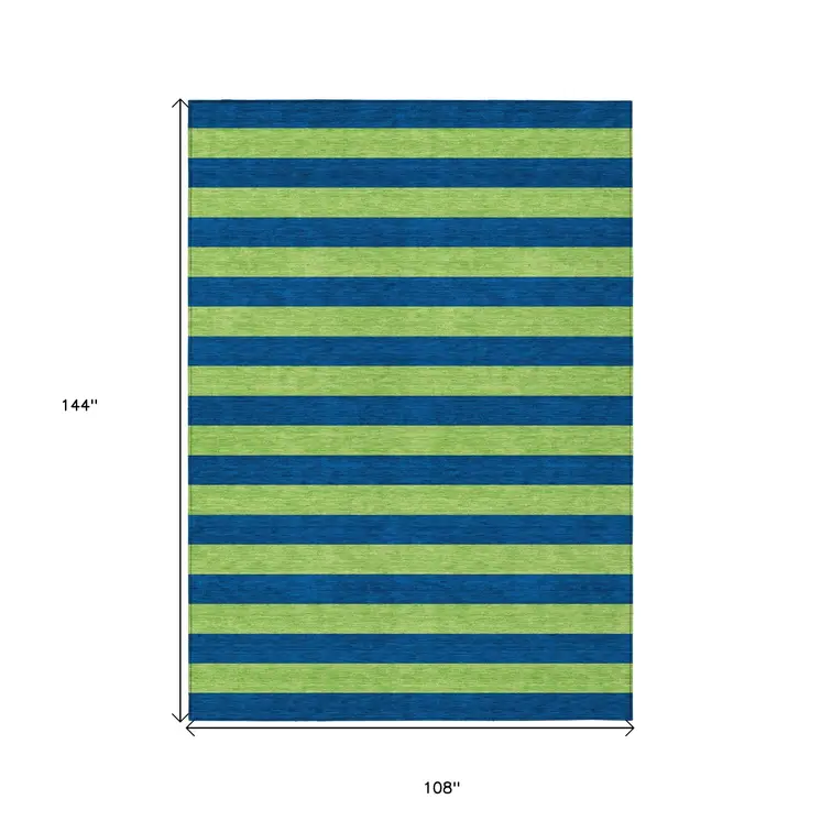 9' X 12' Navy Blue Striped Washable Non Skid Indoor Outdoor Area Rug