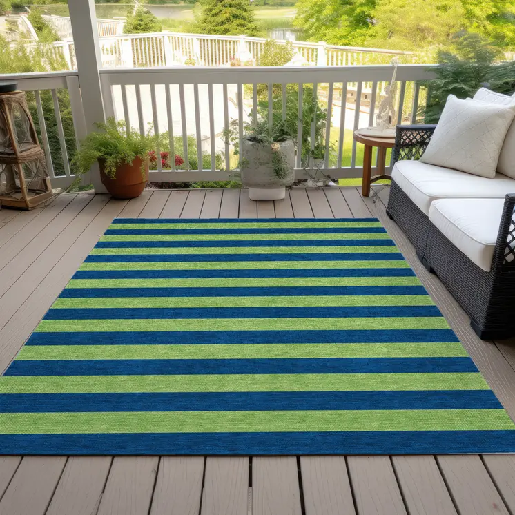 10' X 14' Navy Blue Striped Washable Non Skid Indoor Outdoor Area Rug