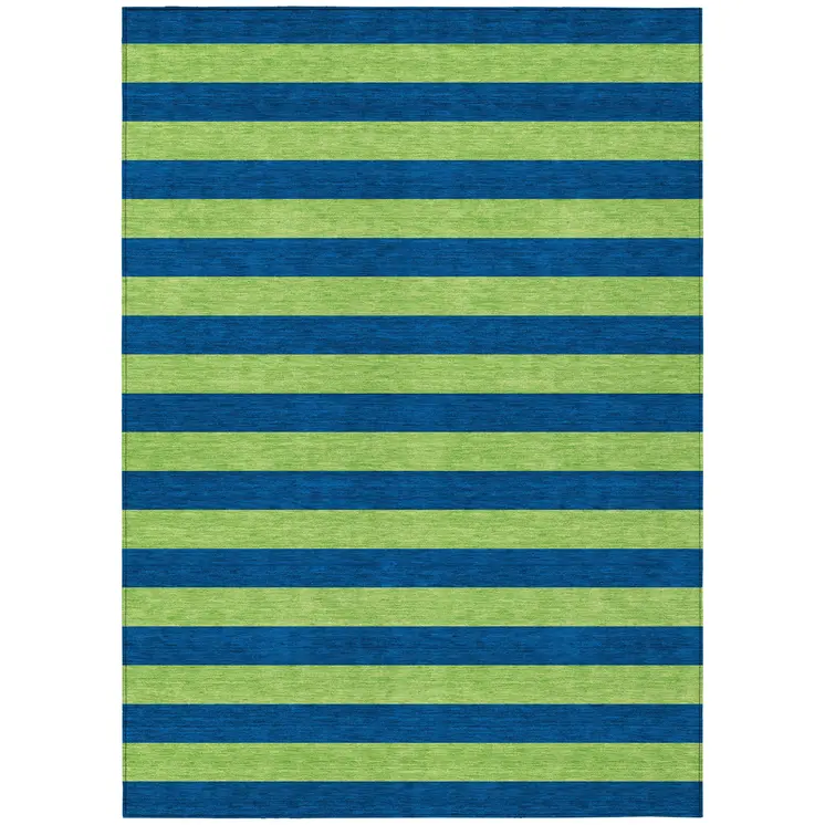 10' X 14' Navy Blue Striped Washable Non Skid Indoor Outdoor Area Rug