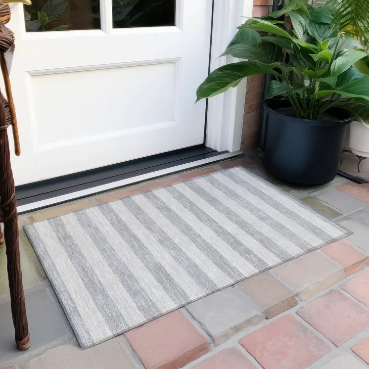 2' X 3' Gray and Ivory Striped Washable Non Skid Indoor Outdoor Area Rug