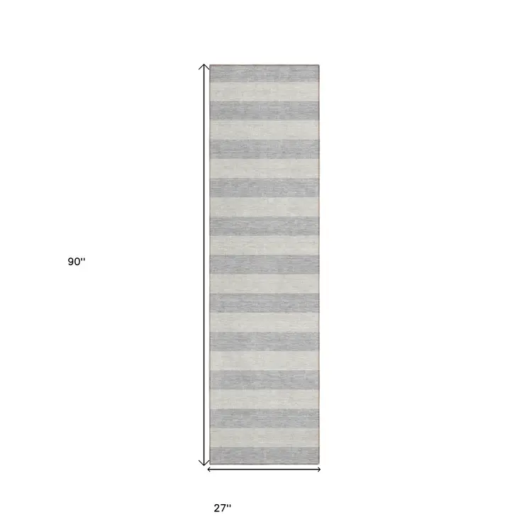 8' Runner Gray and Ivory Striped Washable Non Skid Indoor Outdoor Runner Rug