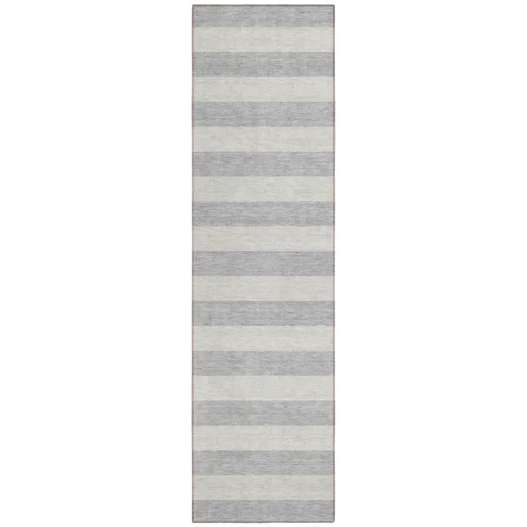 8' Runner Gray and Ivory Striped Washable Non Skid Indoor Outdoor Runner Rug