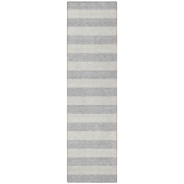 8' Runner Gray and Ivory Striped Washable Non Skid Indoor Outdoor Runner Rug