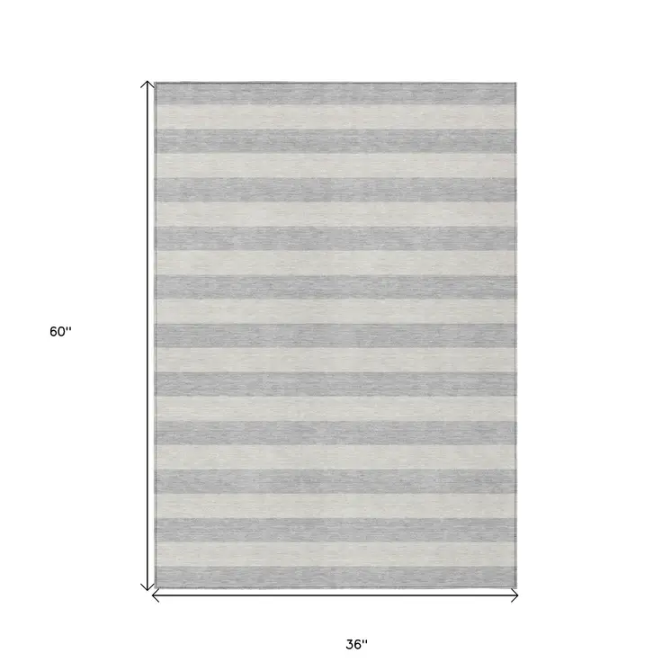 3' X 5' Gray and Ivory Striped Washable Non Skid Indoor Outdoor Area Rug