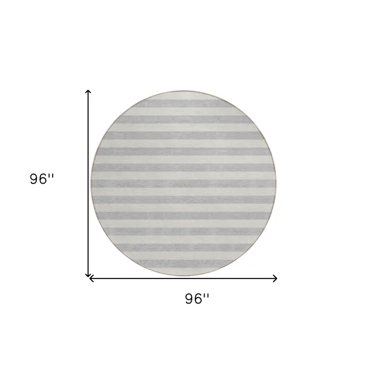 8' Round Gray and Ivory Round Striped Washable Non Skid Indoor Outdoor Area Rug