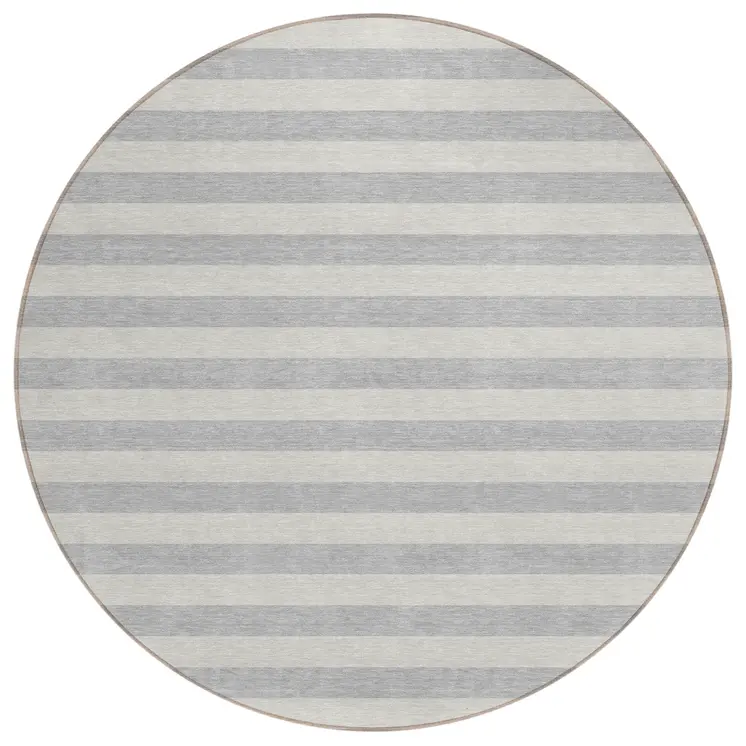 8' Round Gray and Ivory Round Striped Washable Non Skid Indoor Outdoor Area Rug