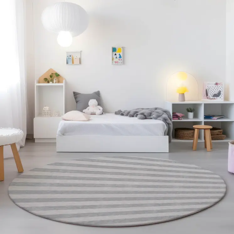 8' Round Gray and Ivory Round Striped Washable Non Skid Indoor Outdoor Area Rug