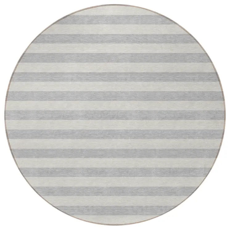 8' Round Gray and Ivory Round Striped Washable Non Skid Indoor Outdoor Area Rug