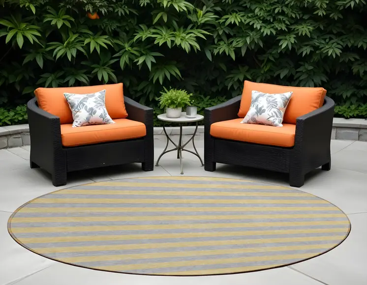 8' Round Silver Round Striped Washable Non Skid Indoor Outdoor Area Rug