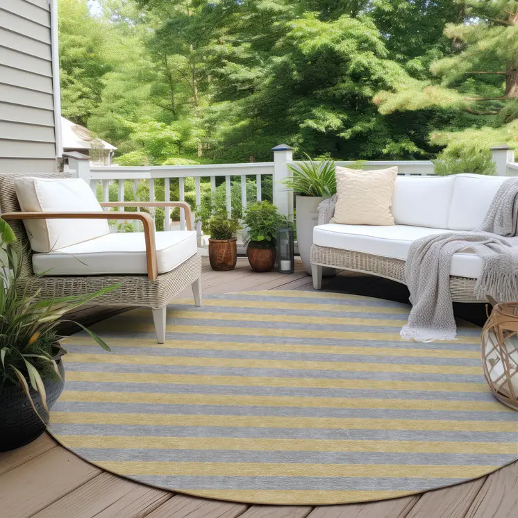 8' Round Silver Round Striped Washable Non Skid Indoor Outdoor Area Rug