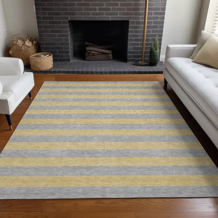 9' X 12' Silver Striped Washable Non Skid Indoor Outdoor Area Rug