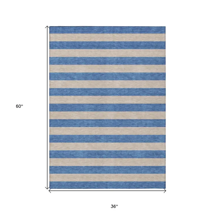3' X 5' Tan Striped Washable Non Skid Indoor Outdoor Area Rug