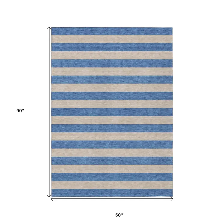 5' X 8' Tan Striped Washable Non Skid Indoor Outdoor Area Rug