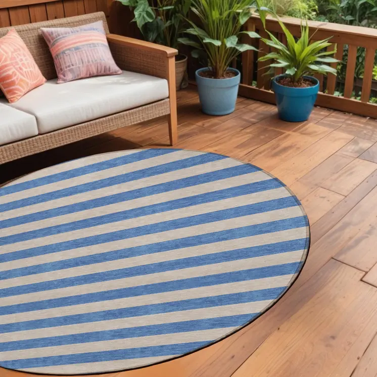 8' Round Tan Round Striped Washable Non Skid Indoor Outdoor Area Rug