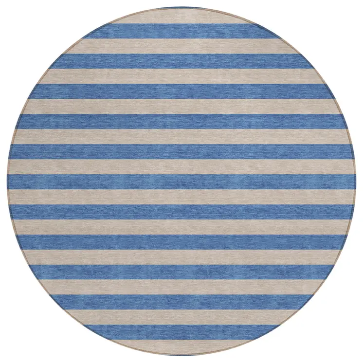 8' Round Tan Round Striped Washable Non Skid Indoor Outdoor Area Rug