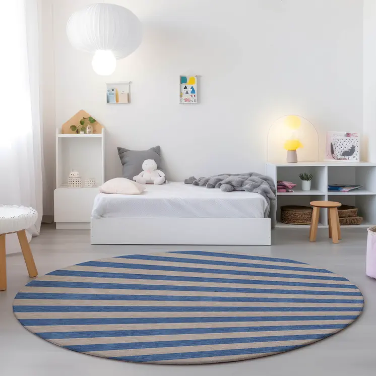 8' Round Tan Round Striped Washable Non Skid Indoor Outdoor Area Rug