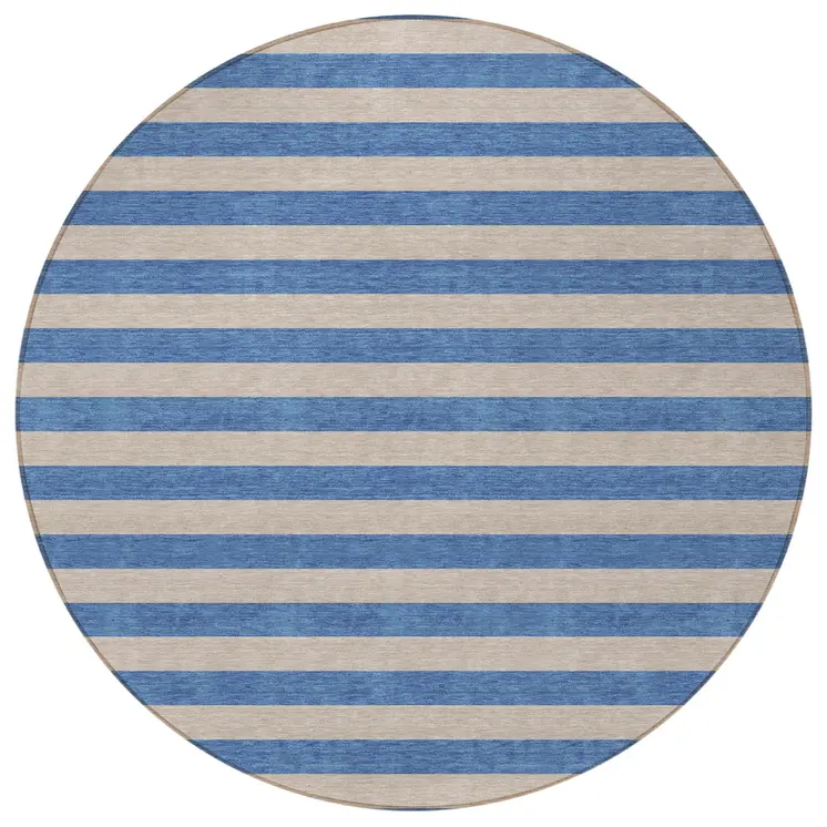8' Round Tan Round Striped Washable Non Skid Indoor Outdoor Area Rug